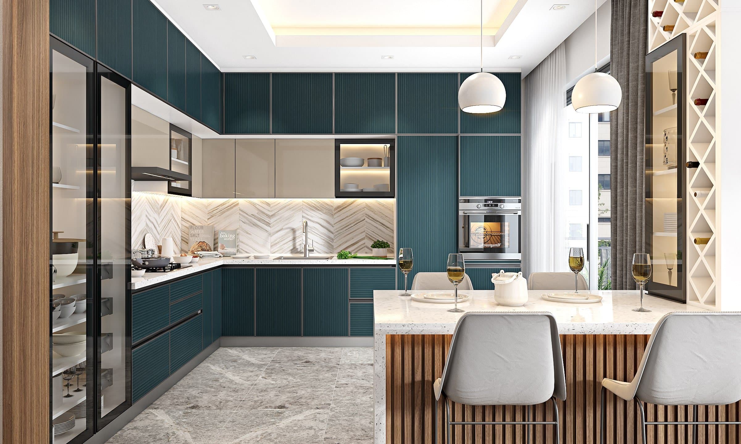 L-Shaped Kitchen With A Crockery Unit