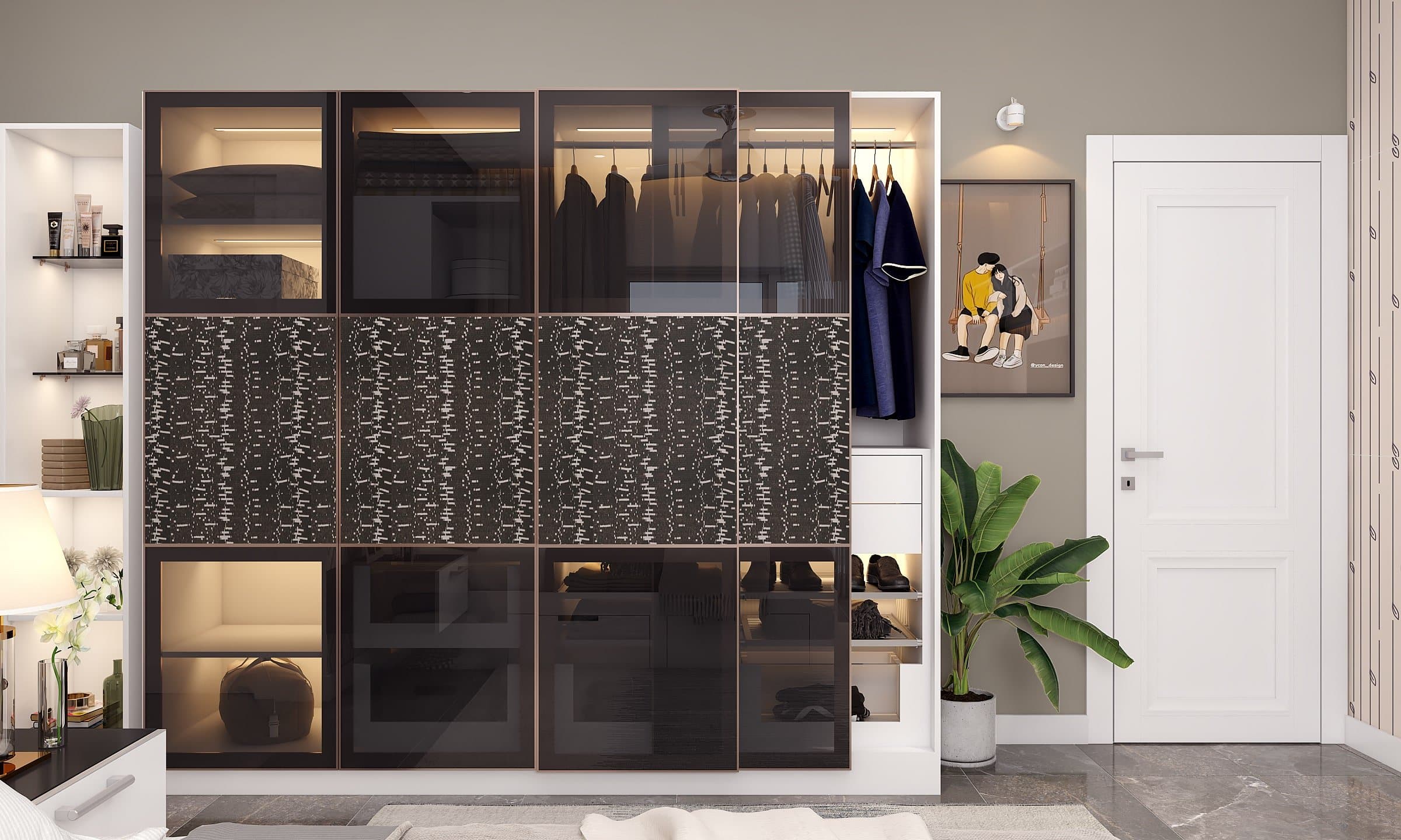 A Sliding Door Wardrobe With Glass And Veneer