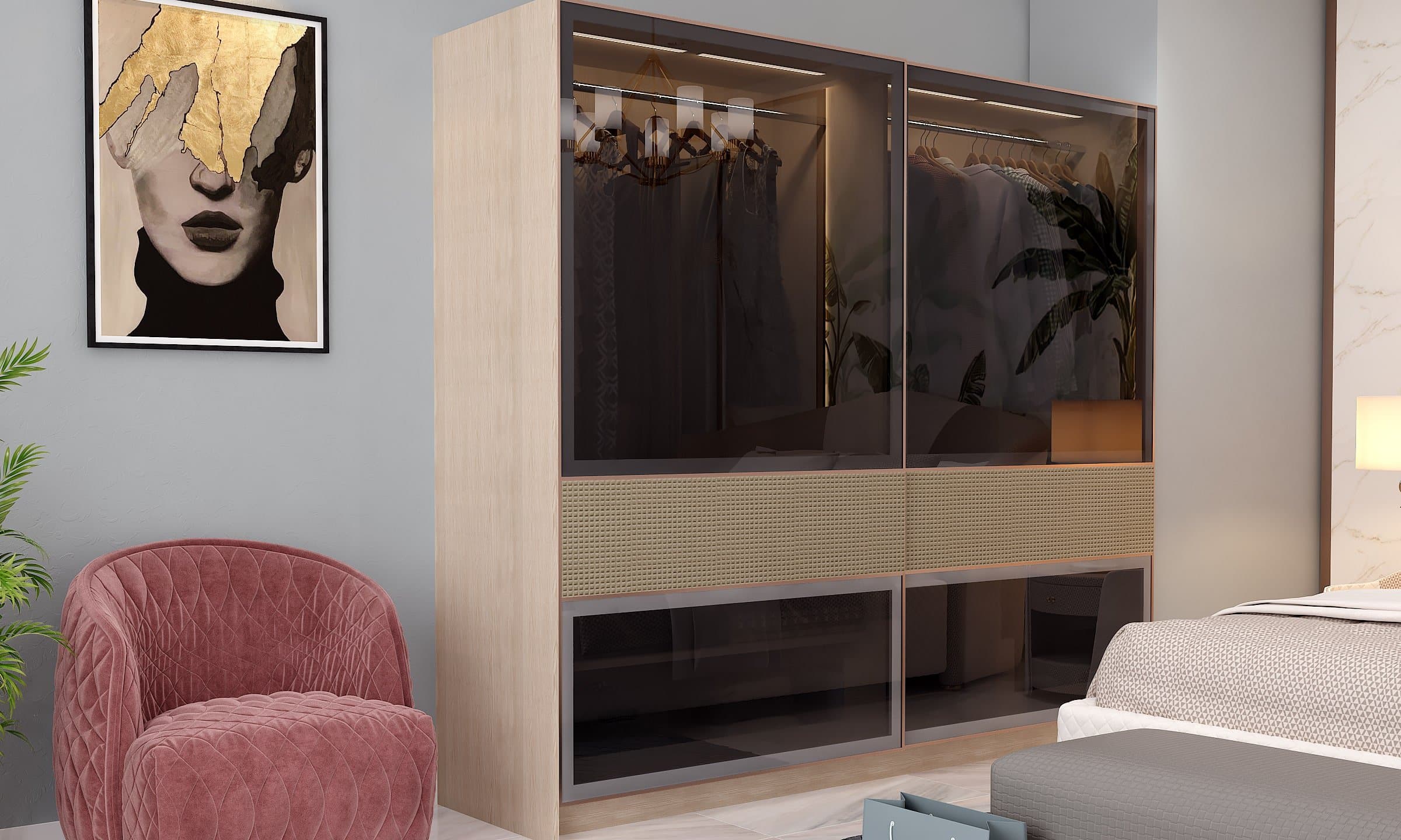 A Glass Sliding Door Wardrobe With Fabric Panels