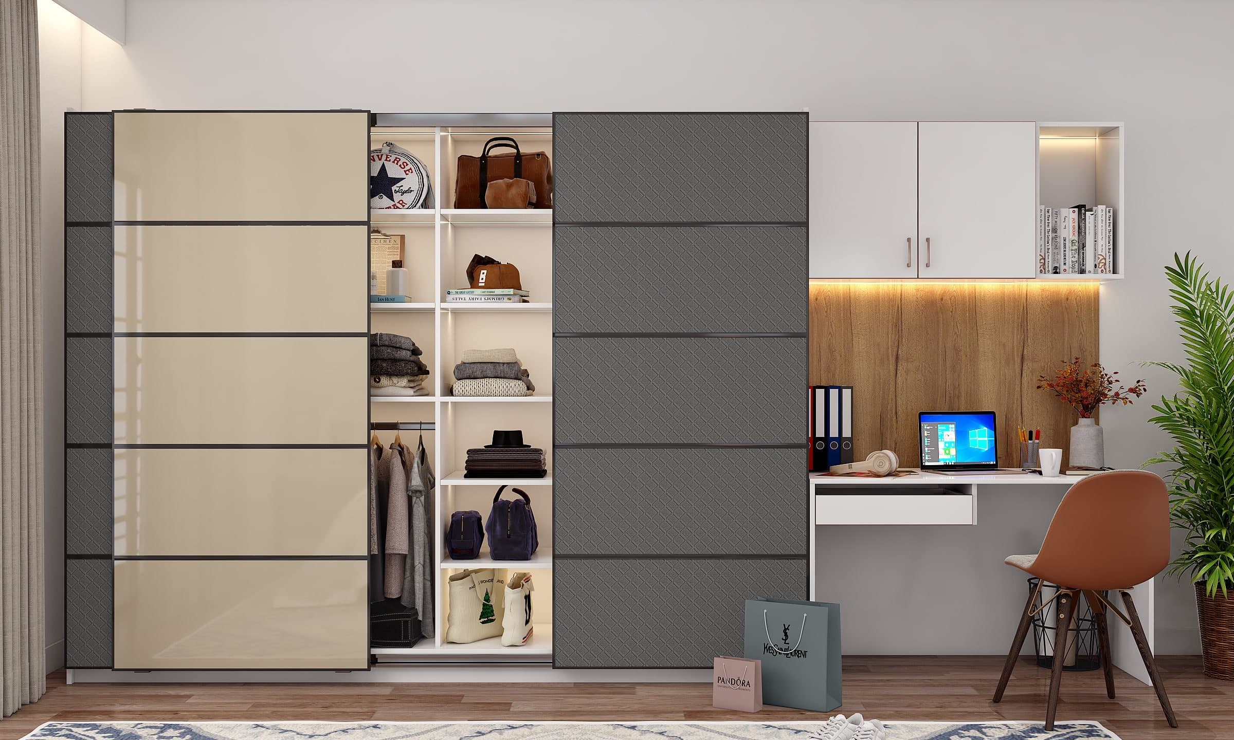 A Two-Toned Sliding Door Wardrobe With Fabric Panels